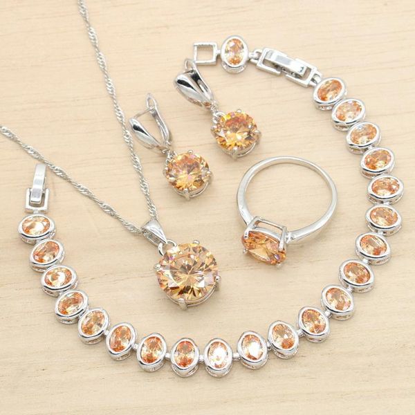 

earrings & necklace round champagne cubic zircon silver color jewelry sets for women pendant bracelet ring wedding christmas gift