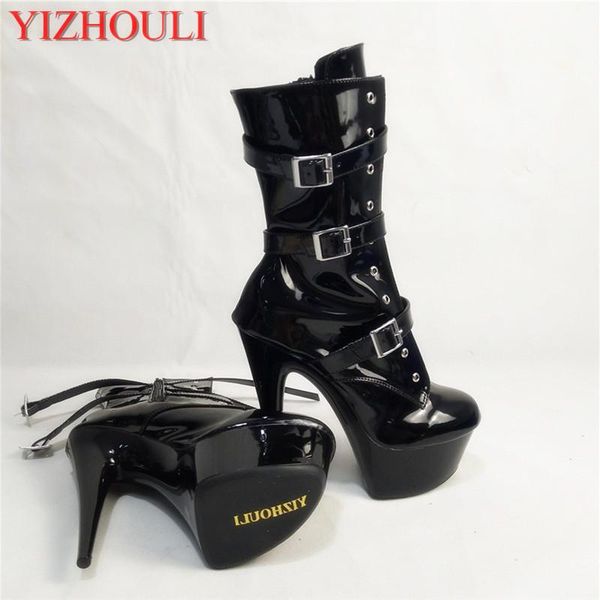 

boots 2021 fashion women's black pu leather buckle-strap high heel platform pumps shoes ankle 15cm ladies