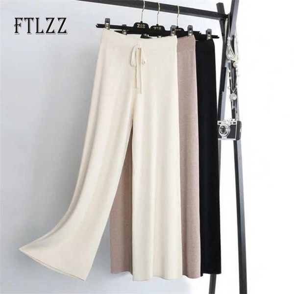 

ashion women casual high waist loose vertical stripe knitting wide leg pants autumn winter woman knit trousers 210525, Black;white