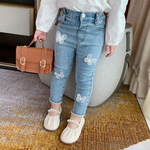 

kids fashion jeans new autumn spring girls casual jeans slim pants children lovely butterfly applique leggings 1-7y blue