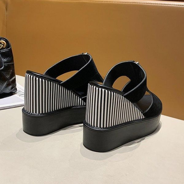

slippers 2021 summer women woman wedges faltform fish mouth shoes female cool high heel thick soled muffins slides shoe, Black