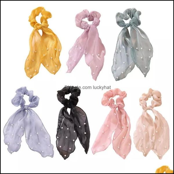 Pony Tails Holder Gioielli Jewelryelastic Bibbon Rabbit Bunny Ear Bow Bowknot Scrunchies Corde Ragazze Cravatte Perline Aessories Capelli per le donne Drop