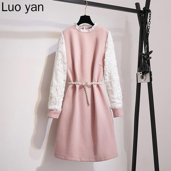

casual dresses plus size women winter office ladies woolen dress fashion hollow out flower lace crochet long sleeve patchwork elegant, Black;gray