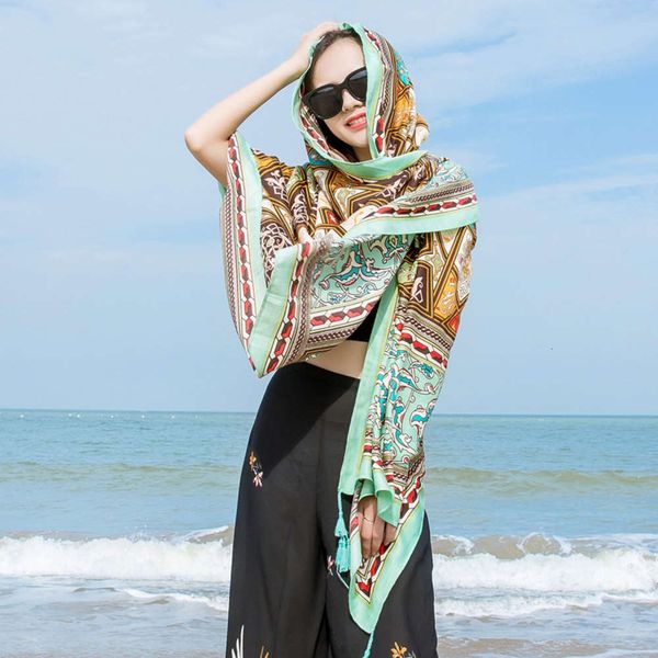 

new silk women's autumn and winter national style shawl dual purpose beach towel super large sunscreen scarf, Blue;black
