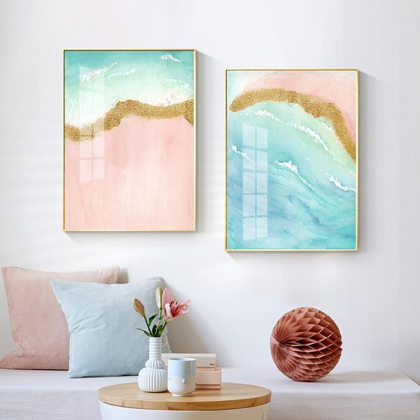 

paintings simple nordic abstract pink watercolor sea beach gold foil ins porch murals poster print canvas decorative painting