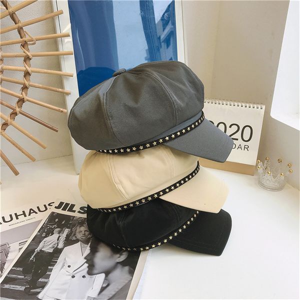 

versatile pu leather beret women's autumn and winter star octagonal artist's hat, Yellow