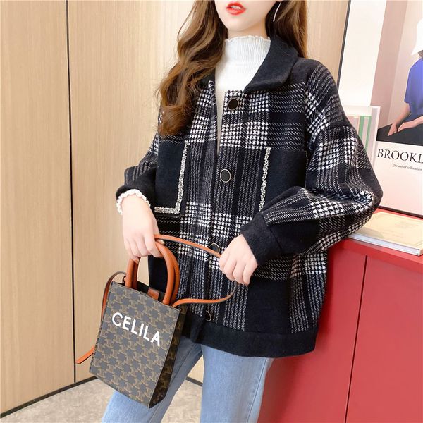 

2021 new women winter fall double side vintage plaid thick korean style short coats office lady casual jackets vjzh, Black;brown