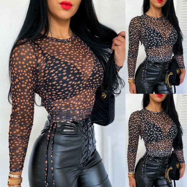 

brand new women mesh see through sheet tea ladies long mouwen star print transparent t-shirts party clubwear, White