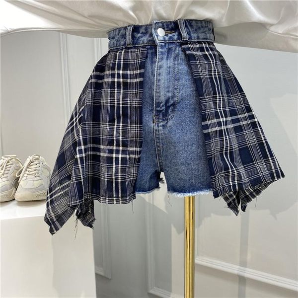 

women's jeans harajuku shorts for women 2021 summer vintage contrast color pendulum joint loose-fit high waist wide-leg femme, Blue