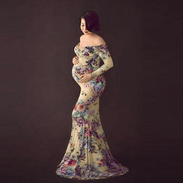 

dresses for pregnant women pregnants dresses temperament pgraphy props off shoulder long sleeve maternity print robe femme, White