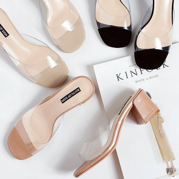 

slippers heel sandals women thick transparent wear medium, Black