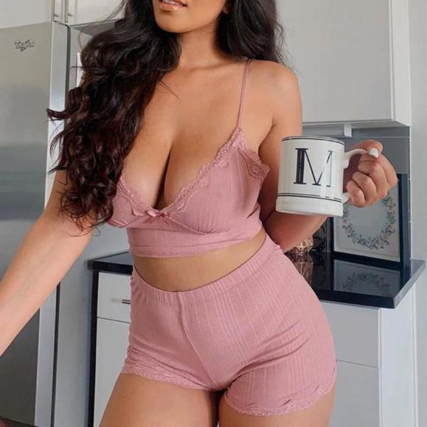 

summer lace 2 piece set women pajamas sleeveless backless crop and shorts matching set ladies homewear two piece sets, Gray