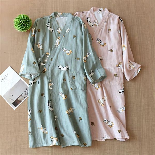 

bzel cotton robe loose women sleepwear homewear kimono pajamas cat pattern pijamas mujer cute avocado nightgown casual loungewear nighty, Black;red