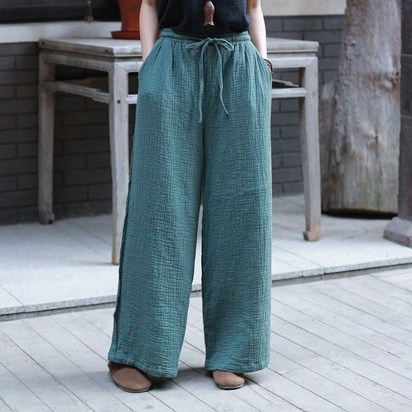 

women's pants & capris arrival spring summer casual cotton linen loose ladies elastic waist long solid wide leg, Black;white