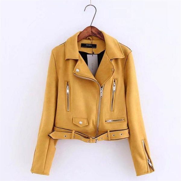 

women biker faux leather jacket spring autumn zipper turn-down collar suede jackets ladies slim punk pink moto coats 210525, Black