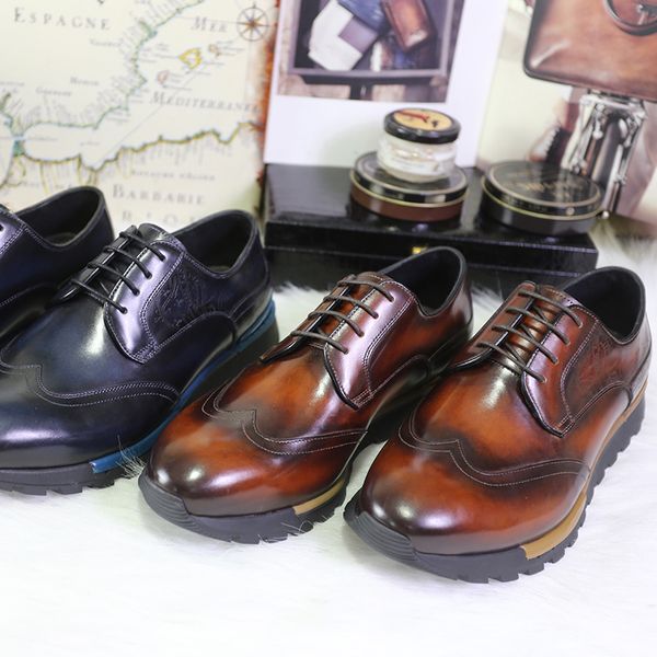 

berluti scritto leather handmade shoes casual sports men hand-made color change stitching high-end quality shoe brown blue, Red;white