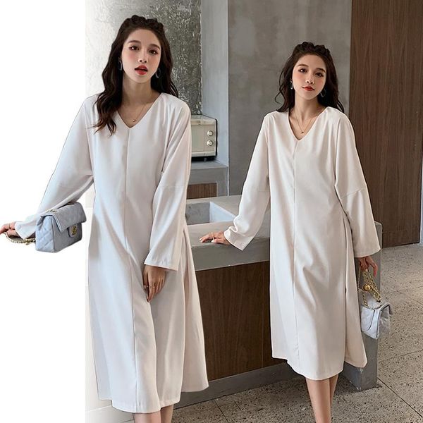 

maternity dresses 8316# clothes spring autumn long sleeve v neck loose stylish dress for pregnant women pregnancy, White
