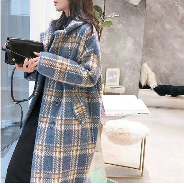 

bella winter plaid women faux mink cashmere woolen coat ladies casual turn-down collar coats female warm outwear 211018, Black