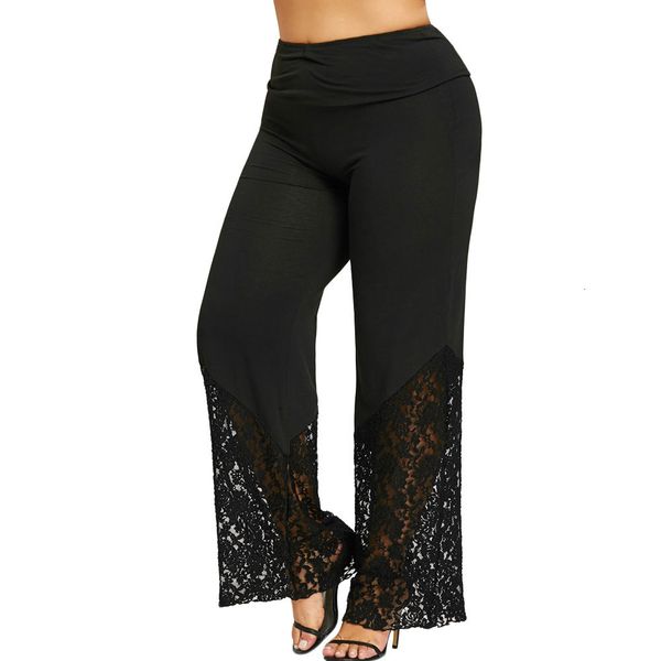 

wipalo women plus size xl-5xl lace hollow out trim palazzo pants casual high waist wide leg long pants trousers female big size y19070301, Black;white