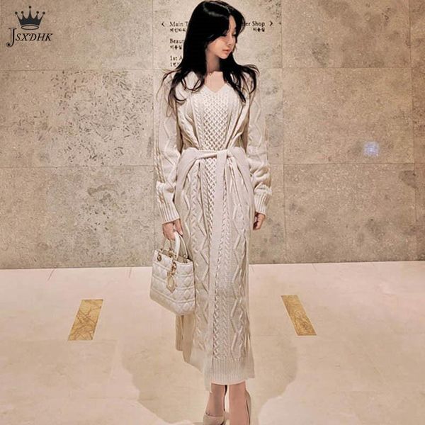 

casual dresses 2021 autumn winter korean elegant sweater dress women v-neck long sleeve lace up waist vintage knitted, Black;gray