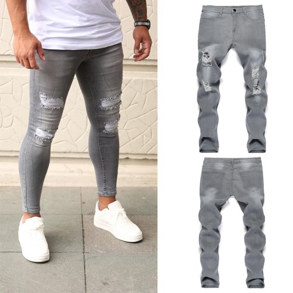 

mens quilted embroidered jeans skinny jean ripped stretch denim pants man elastic waist patchwork jogging denim trousers, Blue