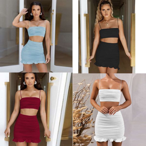 

2021 summer new women's suspender vest pleated two piece ruffle skirt, Black;gray