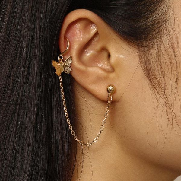 

hoop & huggie long chain earrings for women cute butterfly link clip kpop gold color drop ear rings jewelry charm, Golden;silver