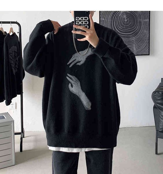 

2021 fashion hand shadow neutral dark men and women fall wear sweater loose pullovers lazy bottom line my49, White;black