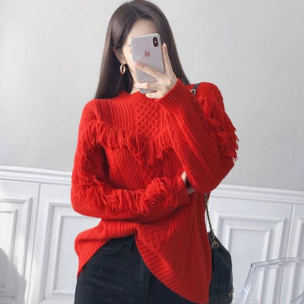 

women's sweaters 2021 winter tassel long sleeved loose solid casual knitted sweater top, White;black