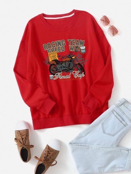 

motorcycle & letter graphic pullover z2sh#, White;black