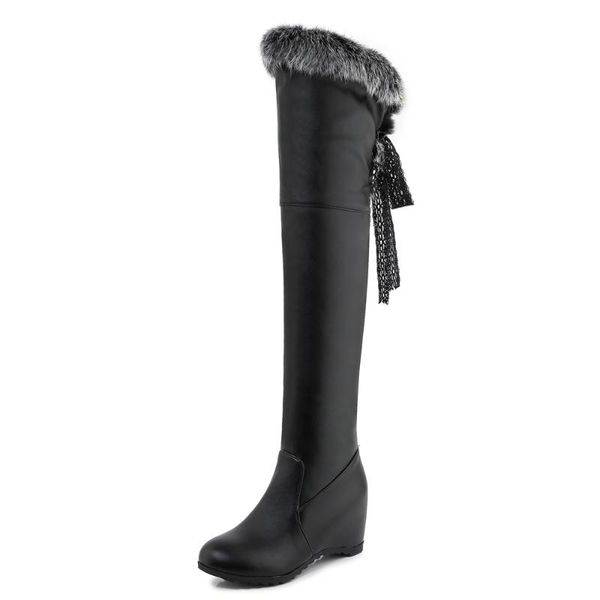 

boots lace inner heightening faux fur over-the-knee thick-soled winter warm women's flat bottom long, Black