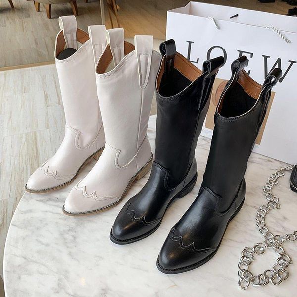 

boots autumn winter high heels bullock mid-tube thick-heeled women's shoes knight pointed toe retro wide leg, Black