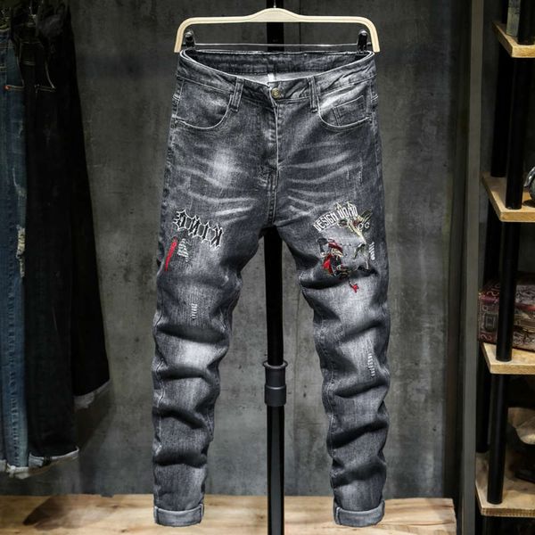 

2021china fashion brand embroidered jeans men's autumn hole slim trend versatile casual elastic leg pants, Blue