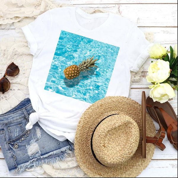 

women graphic fruit beach pineapple travel holiday fashion 90s lady tees print clothing female t shirt womens t shirt, White