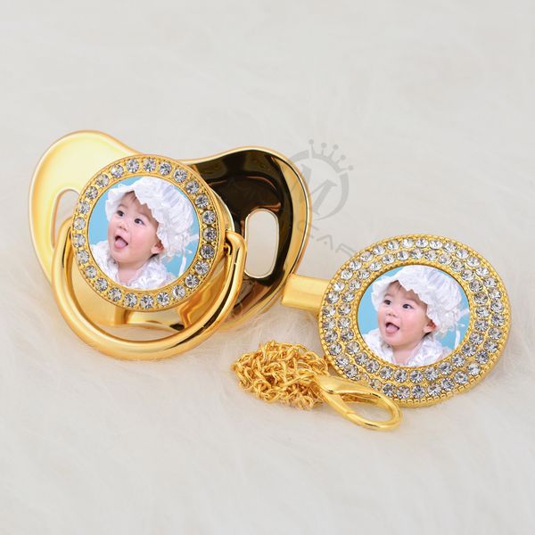 Miyocar Personalizado Qualquer nome Photo Gold Bling chupeta e chupeta clipe BPA Free Dummy Bling incrível design P-P 210226