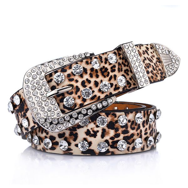 

korean versatile women's belt diamond inlaid leopard full wide, Black;brown