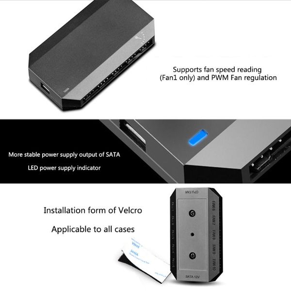 

fh-10 sata power supply cooling fan hub controller pwm splitter accessories 3pin 4pin modular black universal computer adapter