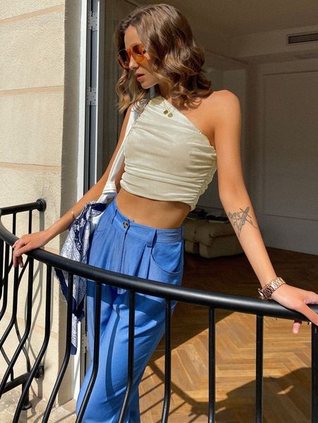 

sollinarry one shoulder ruched crop w2vc#, White