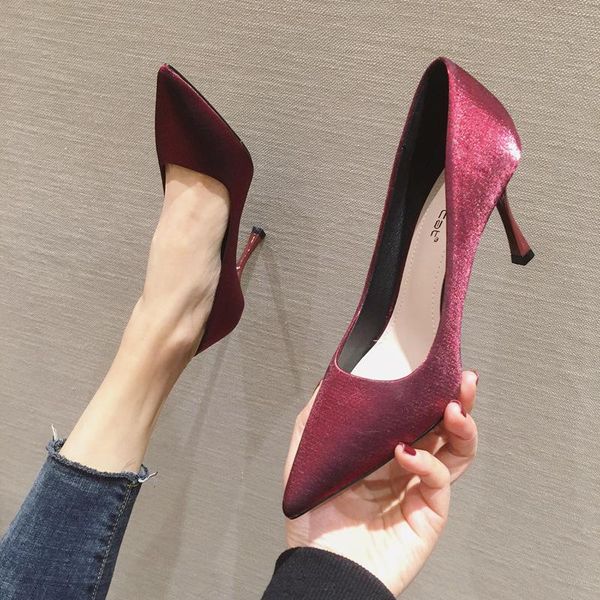

dress shoes fashion 2021 womens party luxury satin wine red pointed toe stilleto nude high heels woman pumps, Black