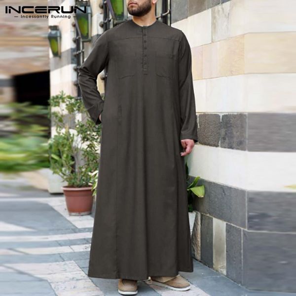 

incerun men muslim kaftan vintage long sleeve solid color button saudi arabia dubai islamic caftan jubba thobe men clothes s-5xl, Red