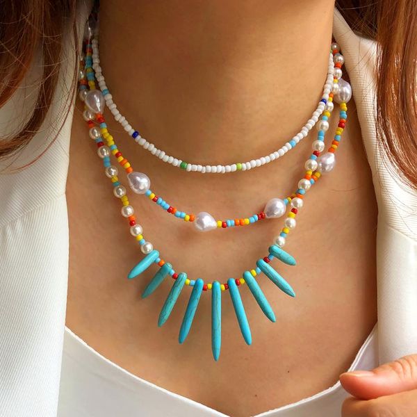 

chains women's neck chain pearl turquoise clavicle mixed color millet bead necklace women boho rings goth, Silver