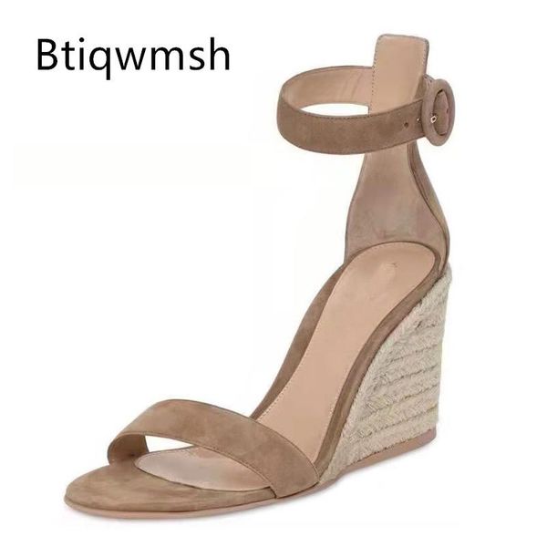

sandals 2021 est straw weave wedges women open toe green soft real suede ankle strap high heels shoes woman summer, Black