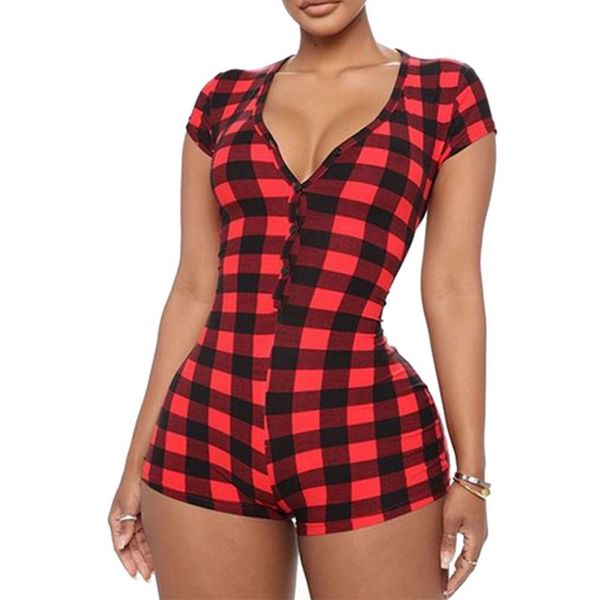 

women's jumpsuits & rompers women plaid playsuit sleepwear camouflage print v-neck slim one-piece bodycon buttons up short jumpsuit, Black;white