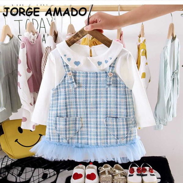 Atacado primavera meninas 2 pcs conjuntos amor coração peter pan colar top + senhora estilo vestido xadrez moda roupas roupas e9001 210610