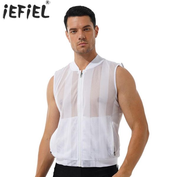 

men' tank men sleeveless see-through mesh patchwork jacket zipper front vest outdoor golf casual lingerie travel waistcoat, White;black