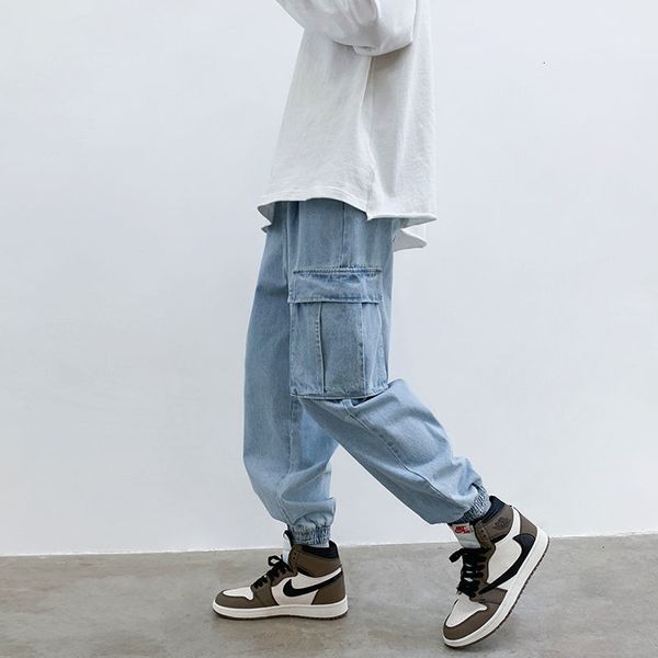 

2021 new winter men's loose pocket wash jeans fashion trend casual pants blue/black color baggy homme trousers big size -5xl addi