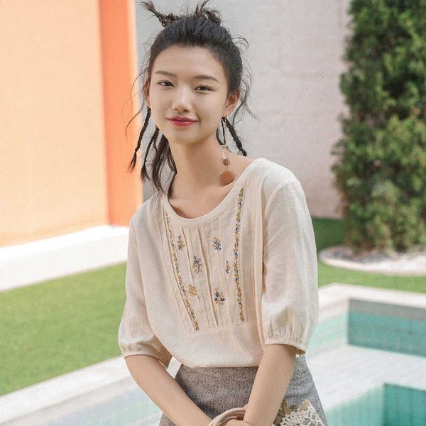 

women's blouses & shirts blouses summer linen-cotton viscose round collar fold embroidered loose short sleeve blouse 23oo, White