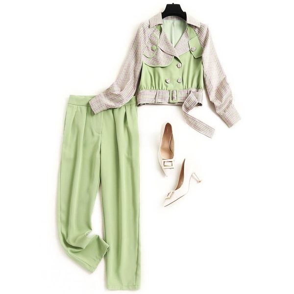 

women's two piece pants plaid suit 2 set women 2021 early autumn contrast color coat pencil 15183, White