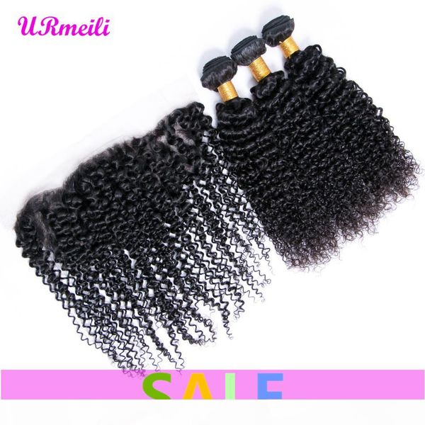 

urmeili curly human hair bundles with lace frontal malaysian virgin kinky curly human hair weave 3 4 bundles with 13*4 lace frontal closure, Black;brown