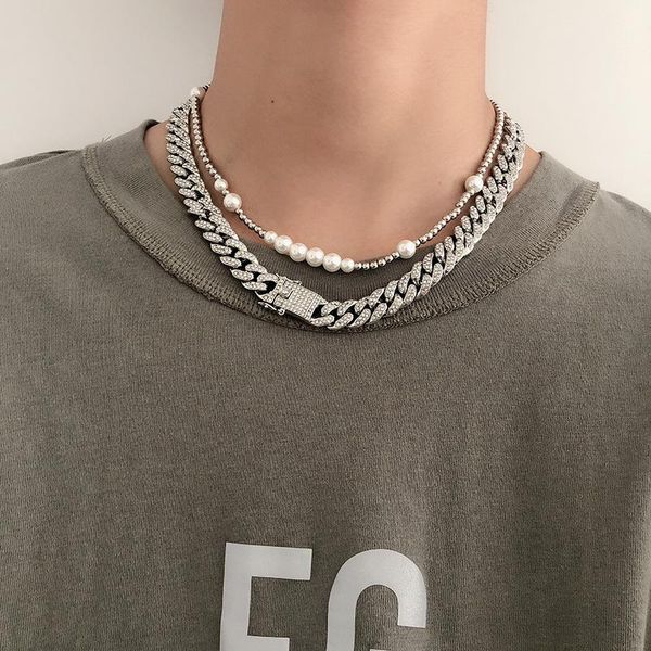 

mens pearl choker necklace silver color stainless steel hip-hop jewelry for eboys iced out cuba chain thick rhinestone pave punk, Golden;silver
